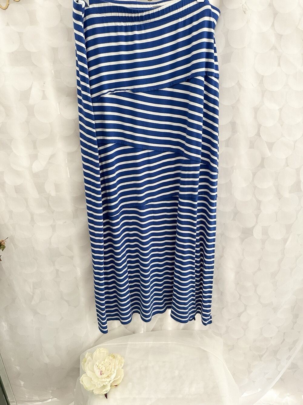 Chicos Long Maxi Skirt Size 12 Blue White Striped Nautical Beach Stretch Casual
